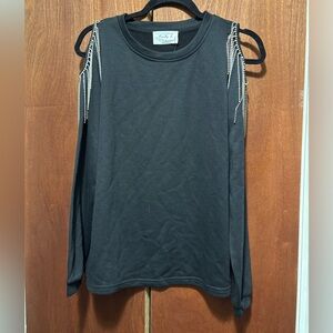 Lovely J black crewneck cold shoulder pullover with rhinestones